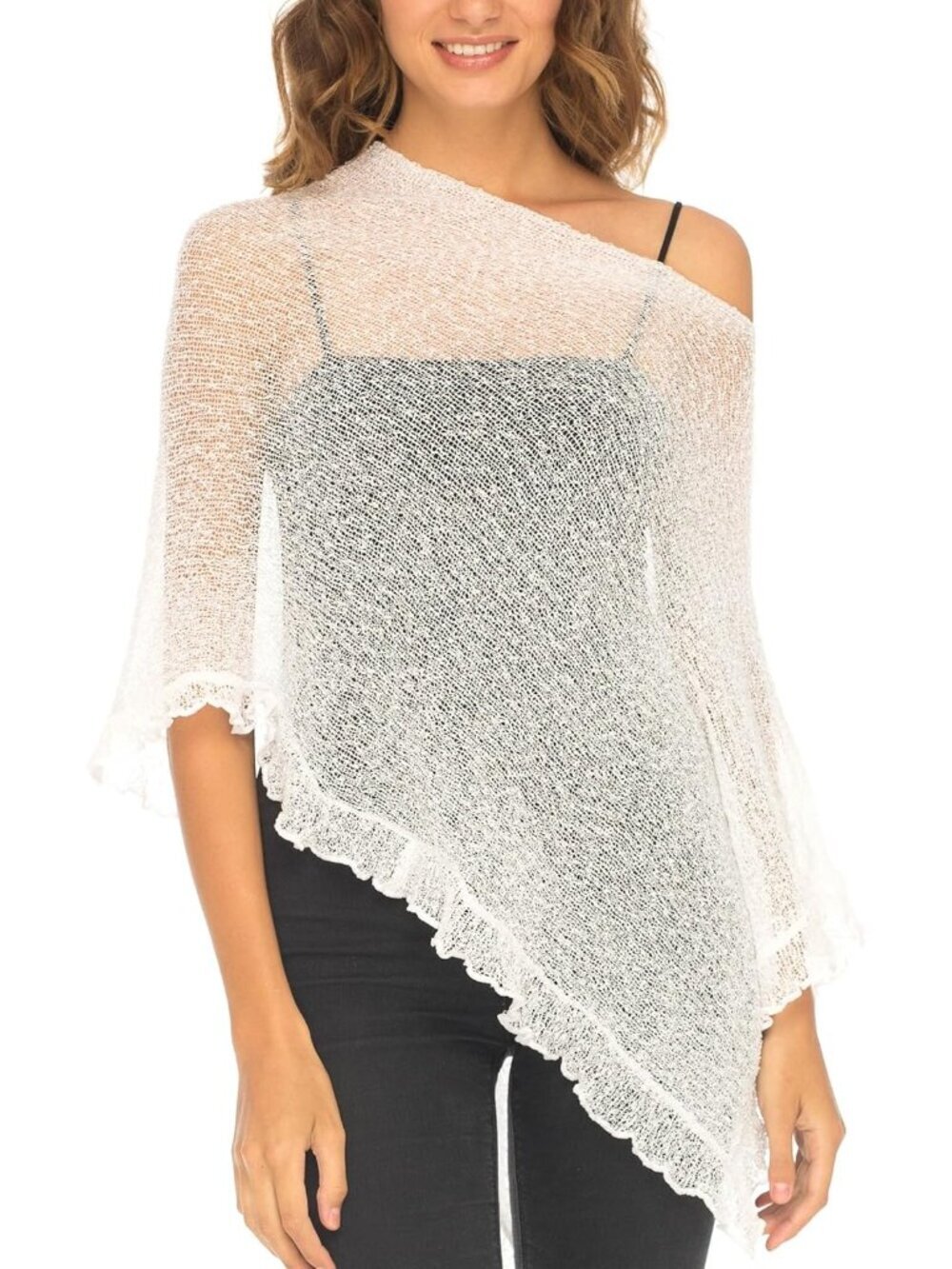 Women’s White Sheer Knit Poncho Shrug Lightweight Asymmetrical Ruffle Wraps